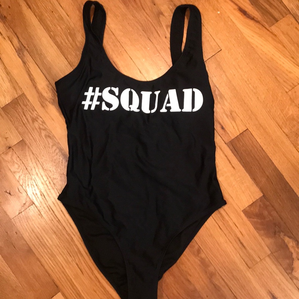 Black #SQUAD One piece bathing suit from Macy’s.